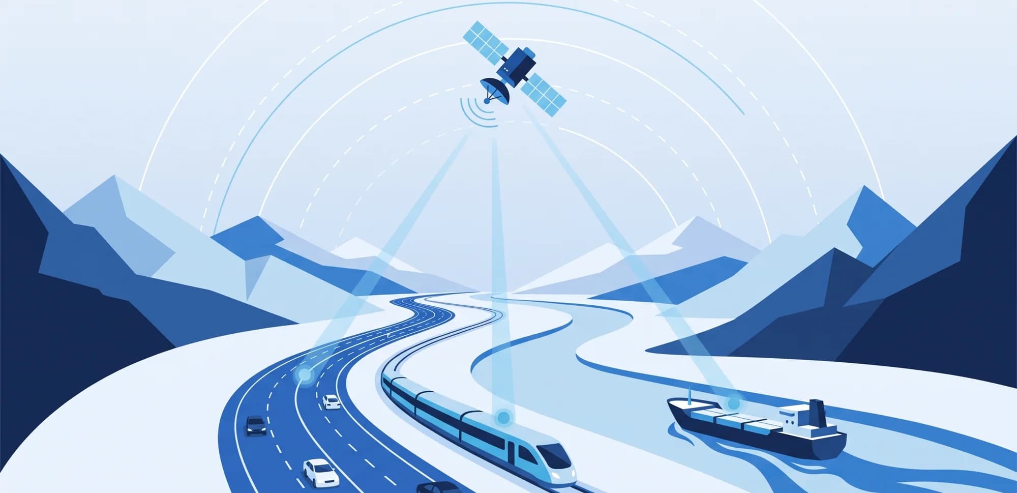 Illustration: Ein Satellit über den Alpen sendet Signale zu einer Autobahn, einem Zug, einem Schiff auf der Donau und einem Flugzeug.